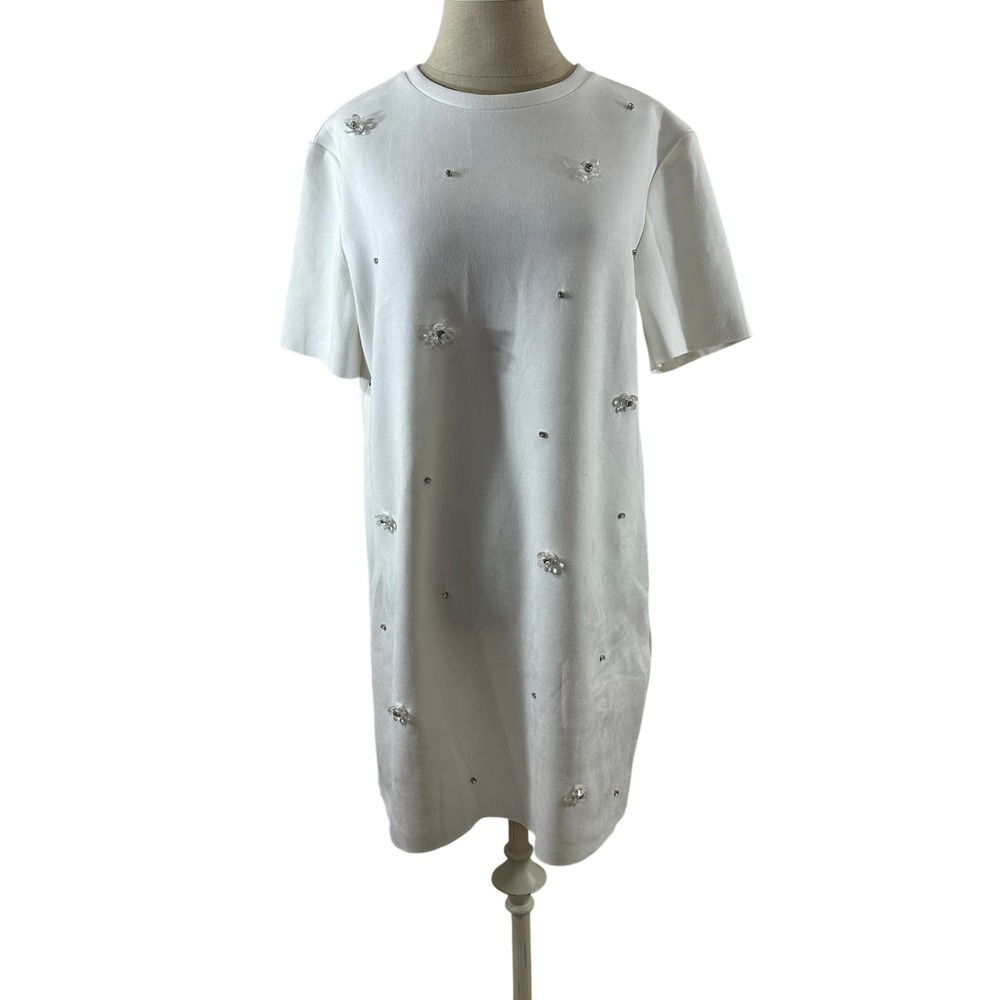Zara Womens White 3D Floral Applique Rhinestone Mini Shift Dress‎ Size Medium